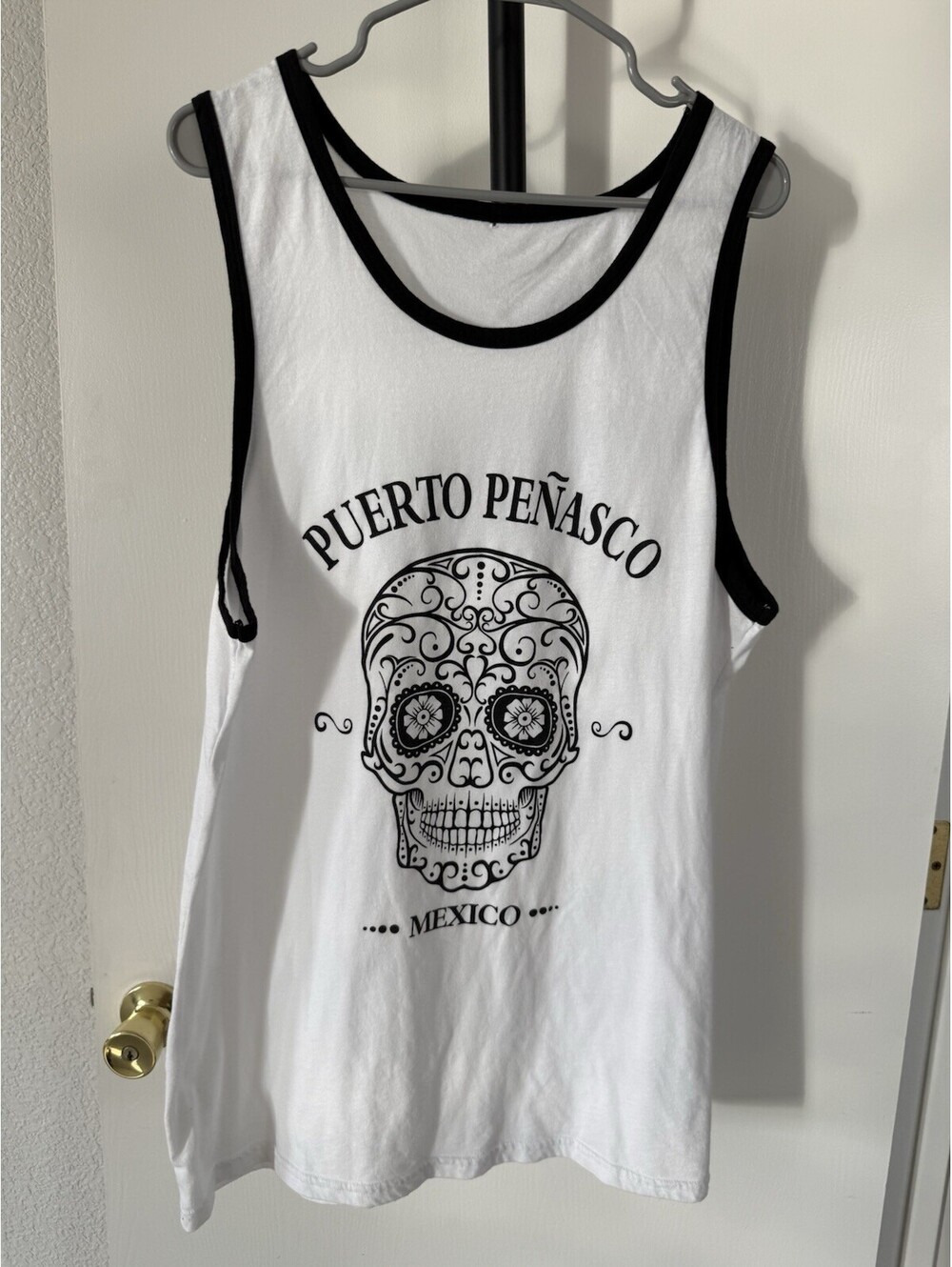 Puerto Peñasco Mexico Sugar Skull Tank Top Men’s XL White Black Ringer
